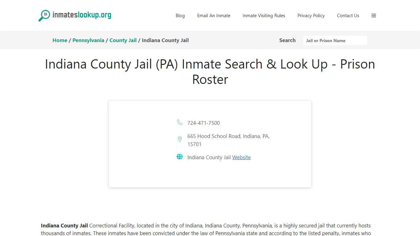 Indiana County Jail (PA) Inmate Search & Look Up - Prison Roster